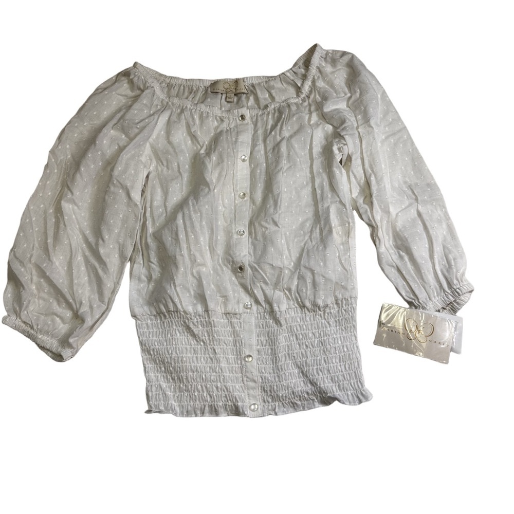 Mariah Carey Collection White Smocked Waist Top Size Small Swiss Dot Pattern NWT - Picture 2 of 10